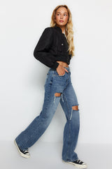 Blue Ripped High Waist Wide Leg Jeans Twoaw24je00162