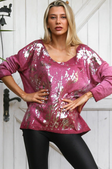 Italian Plum V Neck Long Sleeve Slim Foil Printed Plus Size Knitwear Sweater M10010800kz98476