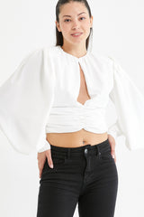 Women's White Chest And Waist Ruffle Detailed Crop Blouse Lgoz140rlx