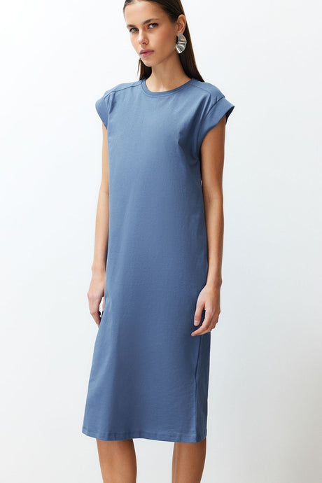 Indigo Plain T-shirt Dress 100% Cotton Moon Sleeve Shift/casual Cut Midi Midi Dress Twoss24el00126