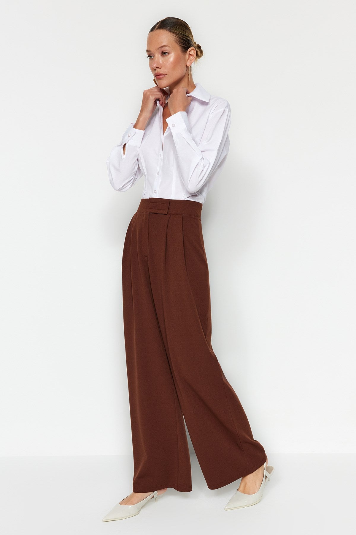 Brown Belt Velcro High Waist Pleated Wide Leg Knit Pants Twoaw24pl00177