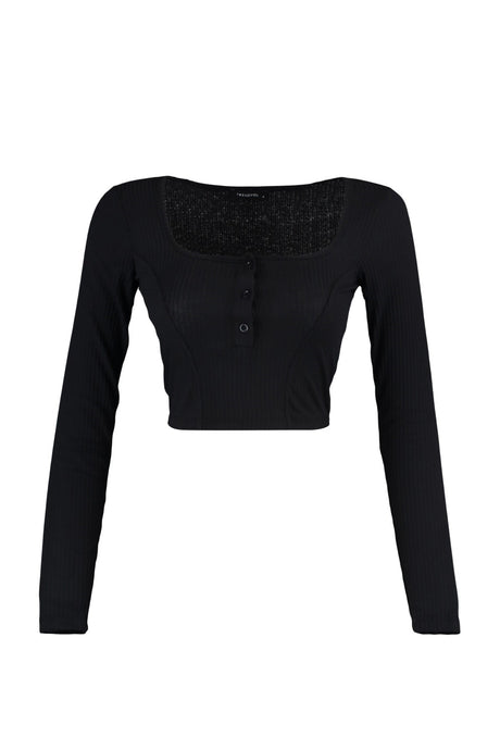 Anthracite Button Detailed Square Neckline Fitted/body-fitting Ribbed Flexible Crop Knit Blouse Twoa