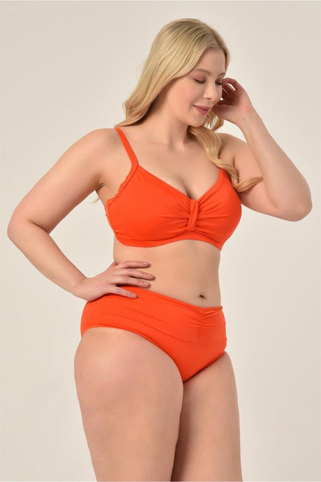 Women's Neon Orange Plus Size Booster Slip Ruffle Stylish Bikini Set 20231989