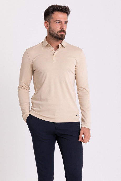 Solid Navy Color Slim Fit Long Sleeve Polo Collar Men's T-shirt 36672.21k