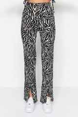 Black Zebra Pattern Slit Detailed High Waist Straigth Knitted Pants Twoss22pl0243