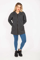 Women Plus Size Black Front Zipper Pocket And Hooded Coat 65n35108 65n35108