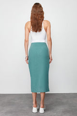 Green Linen Look Buckle Detailed Double-breasted Closure Midi Woven Skirt Twoss24et00130