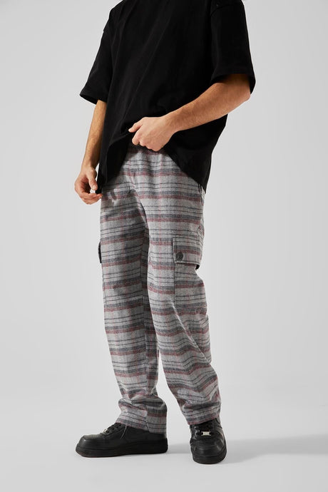 Plaid Pattern Gray Cargo Pocket Pajamas Flaw-148-002-073