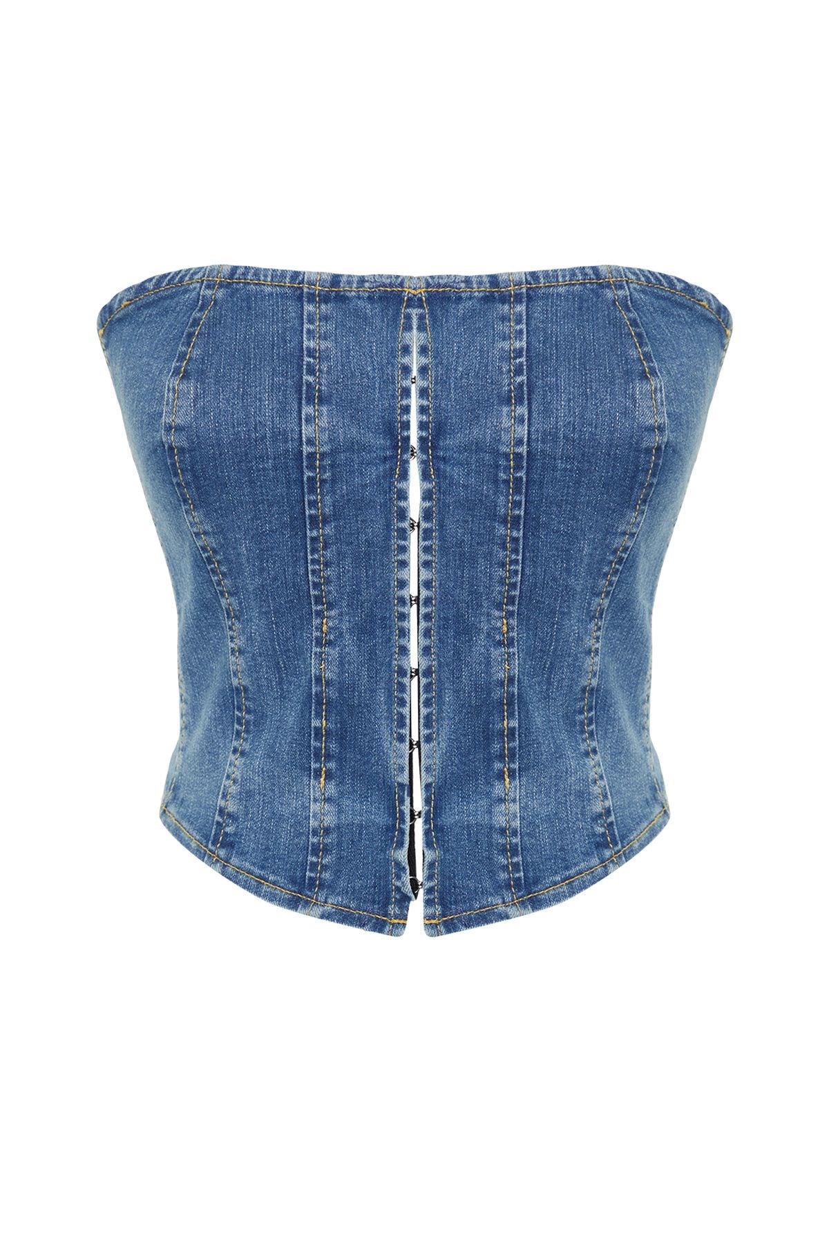 Dark Blue Stitching Detailed Strapless Denim Bustier Twoss24bs00009