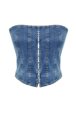 Dark Blue Stitching Detailed Strapless Denim Bustier Twoss24bs00009