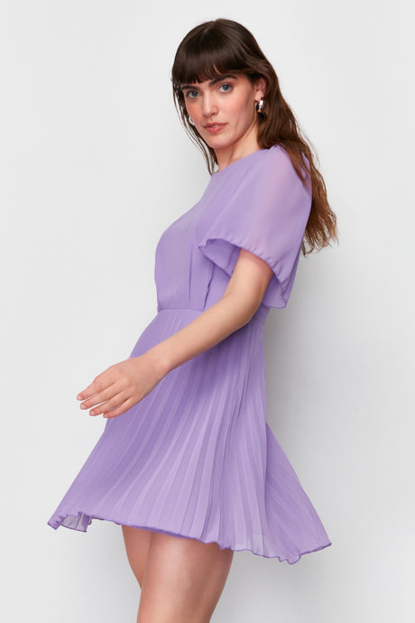 Purple Skirt Pleated Lined Chiffon Mini Woven Dress Twoss24el00716