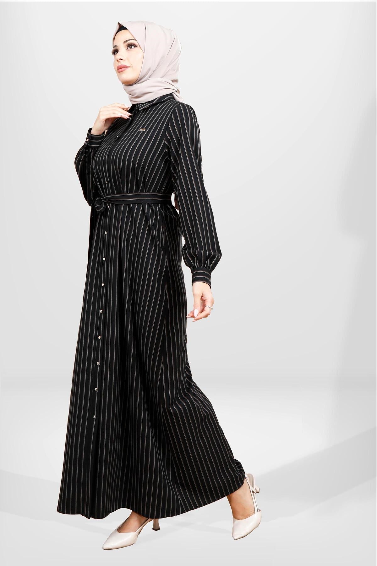 5559 Grey Striped Burkini Winter Dress T24elbk5559