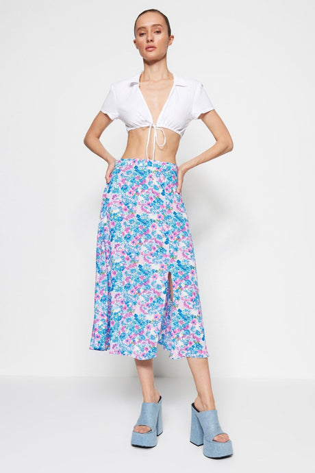 Tile Slit Detailed Floral Pattern Viscose Fabric Midi Woven Skirt Twoss20et0230