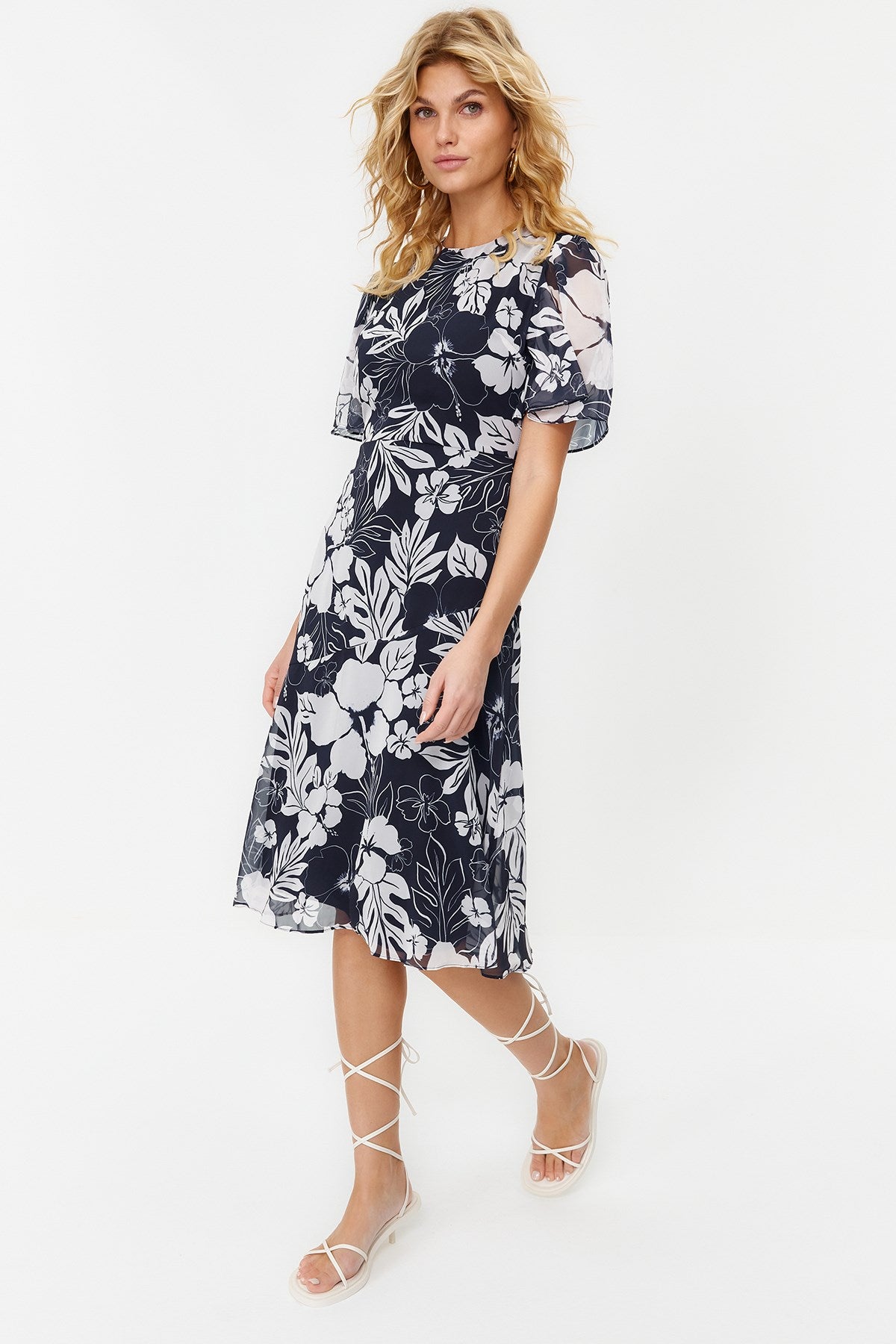 Navy Blue Floral Print A Cut Lined Midi Woven Dress Twoss20el0908