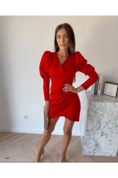 Flexible Red Crepe Fabric Geometric Single Sleeve Mini Dress Evening Dress 581975 649 Tkn-649