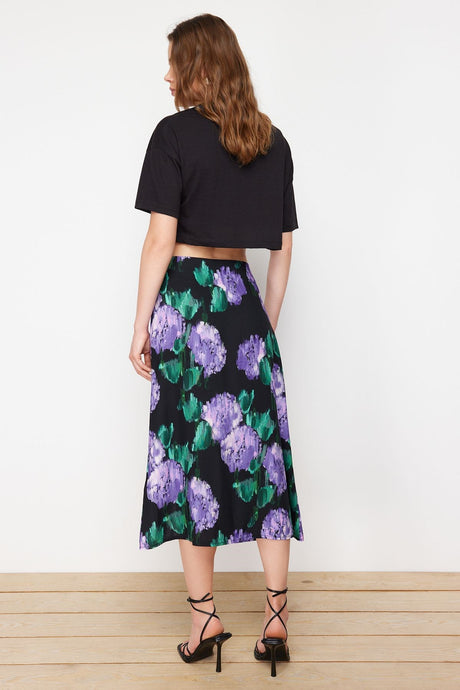 Black Slit Detailed Viscose Fabric Animal Print Midi Woven Skirt Twoaw22et0447