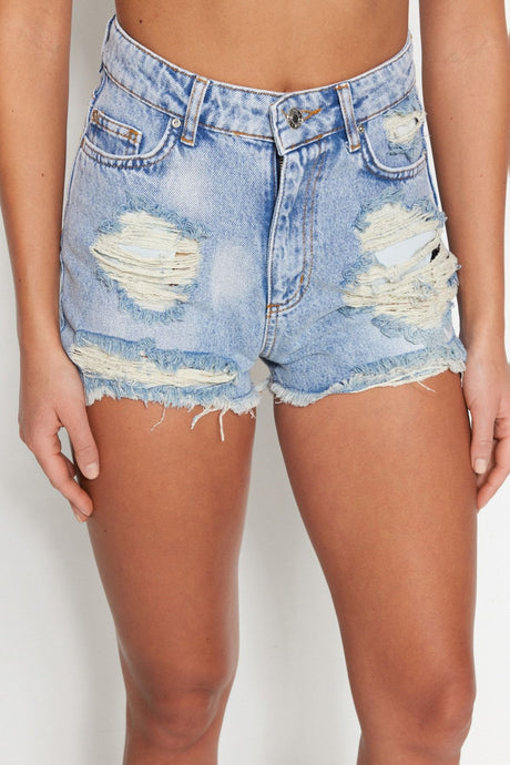 Blue Mini Denim Ripped 100% Cotton Shorts & Bermuda Tbess23sr00037