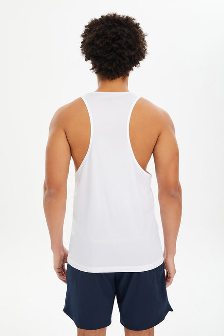 Men's White Thin Airborne Fabric Sleeveless Printed Zero Sleeve Weightlifting Sports Casual Athlete