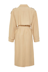 Beige Oversize Wide Cut Soft Textured Belted Long Trench Coat Twoss24tr00026