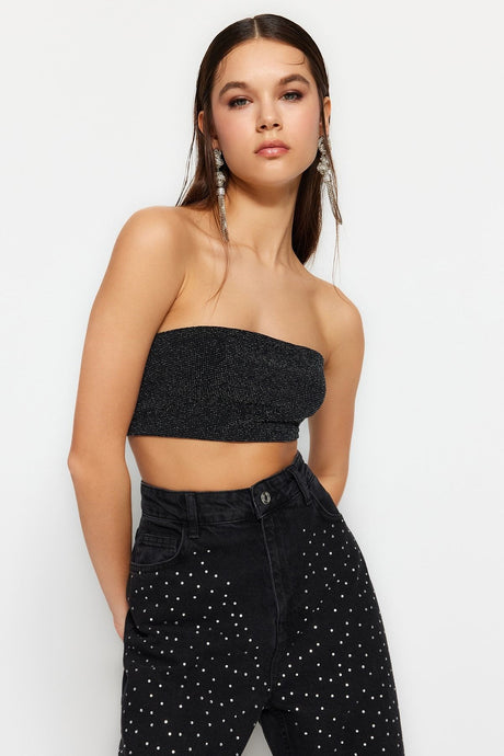 Anthracite Crop Knitted Glitter Bustier Tprss23bs00124