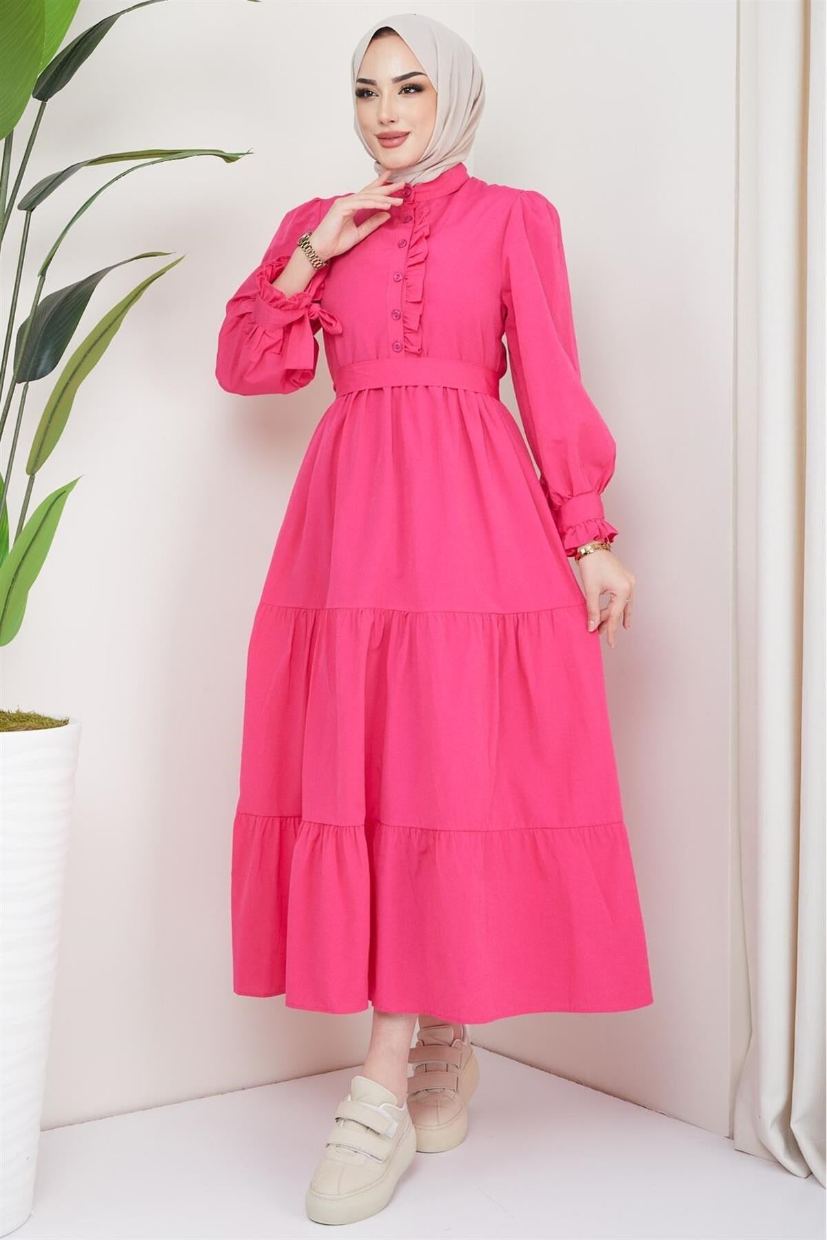 Front Ruffle Sleeve Tie Dress Fuchsia 2078