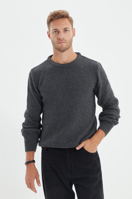 Anthracite Men's Slim Fit Crew Neck Textured Sweater Tmnaw21kz1586