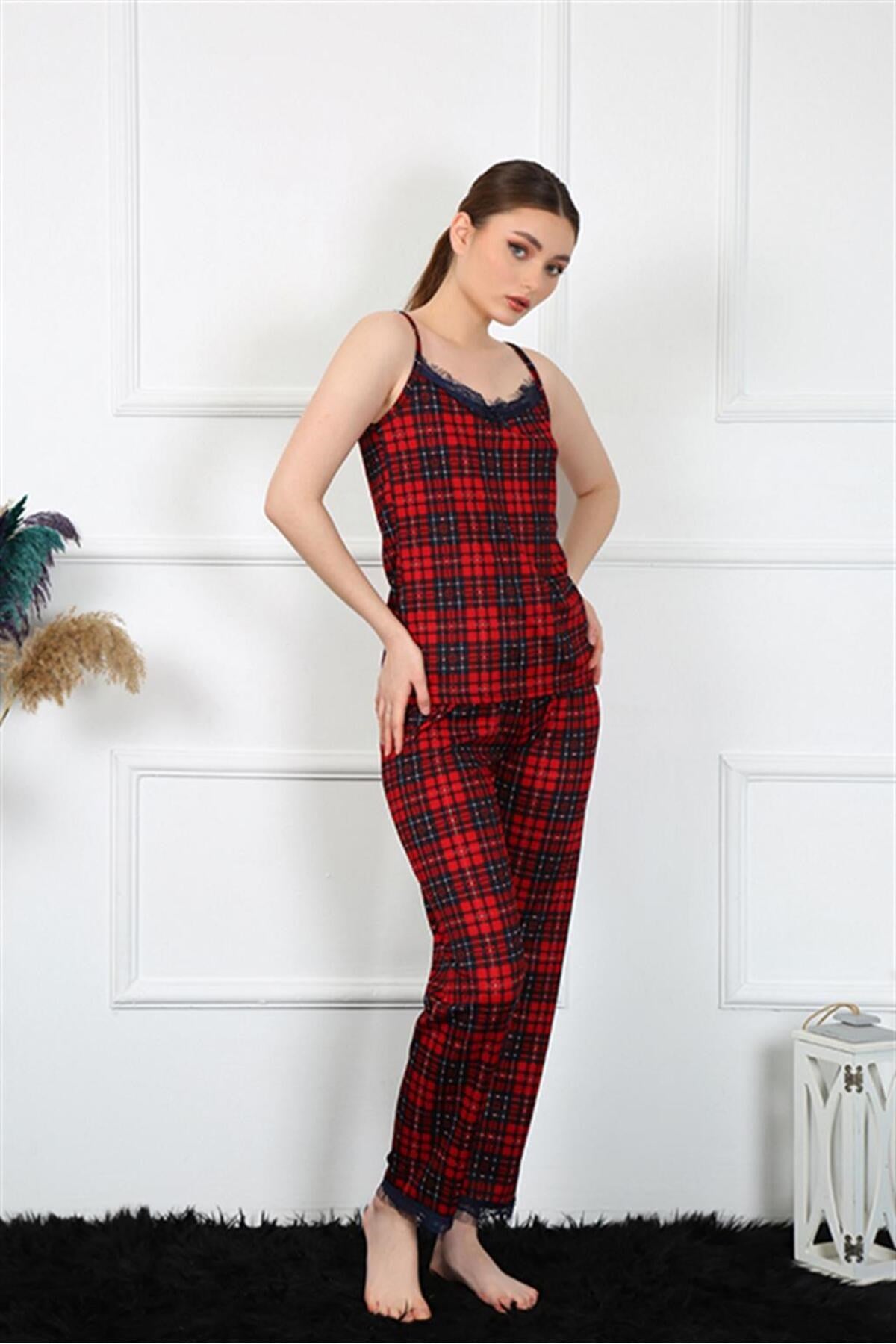 Women's Red Plaid Pajama Suit With Rope Strap 4135