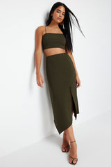 Khaki Asymmetric Cut And Slit Detail Maxi Skirt Twoss24et00043