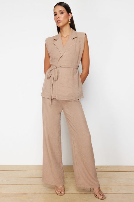 Dark Beige Woven Bottom Top Suit Twoss24au00041