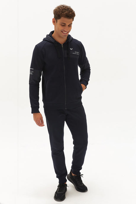 Men's Navy Blue Hooded Zipper Pocket Casual Sports Tracksuit Top 0371 Tb22ml06w0371-1