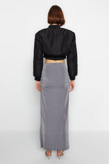 Navy Blue Premium Shiny Finish And Soft Textured Draped Maxi Knit Skirt Twoaw24et00090