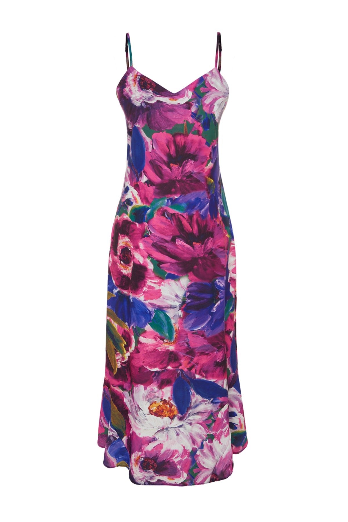 Multicolor Floral Pattern Straight Cut Strappy Midi Satin Woven Dress Twoss23el02416