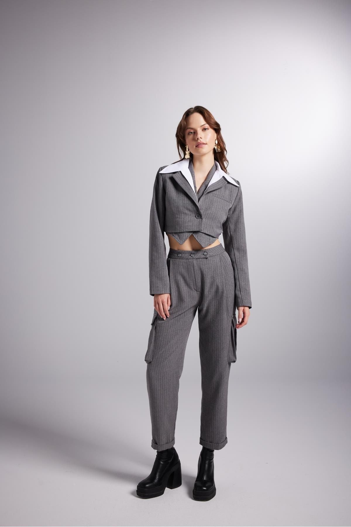 High Waist Striped Cargo Pocket Rent Pants Grey Hlfw24-00025