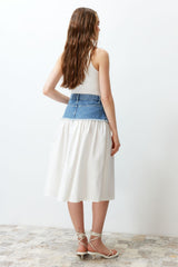 Blue Color Block High Waist Midi Denim Skirt Twoss24et00142