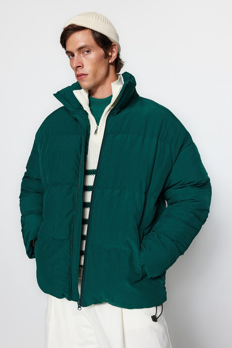 Green Unisex Oversize Fit Straight Collar Inflatable Coat Tmnaw24mo00003