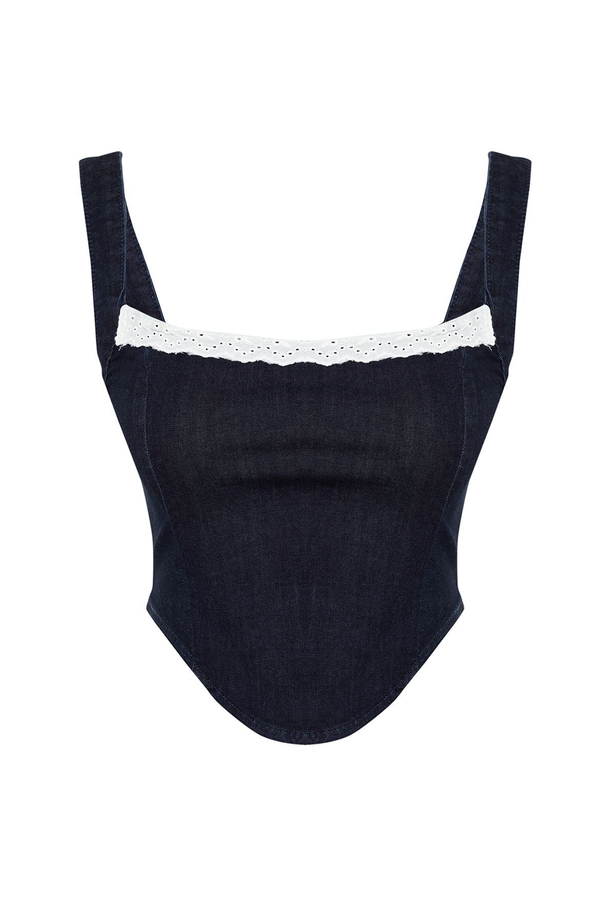 Dark Blue Collar Detailed Strappy Denim Bustier Twoss24bs00010