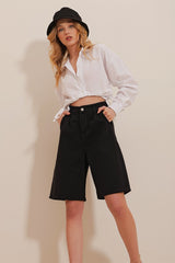 Women's Beige High Waist Wide Leg Bermuda Denim Shorts Alc-x8174