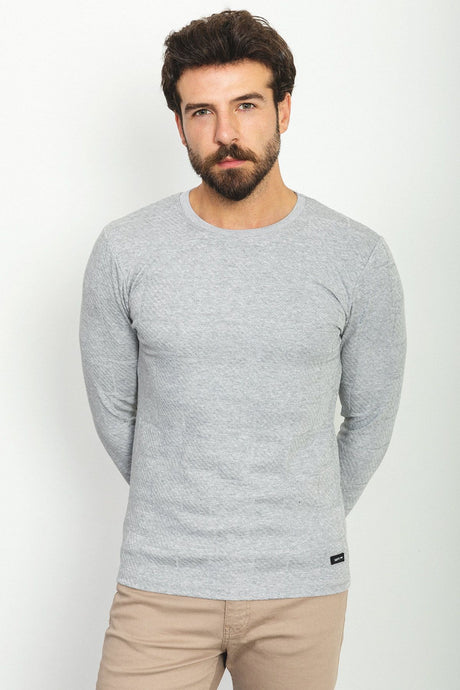 Patterned Grey Color Slim Fit Crew Neck Long Sleeve Men's T-shirt 36756.22k