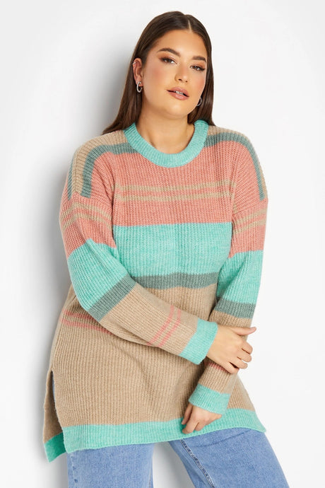 Plus Size Striped Round Neck Slit Detailed Knitwear Sweater 301831