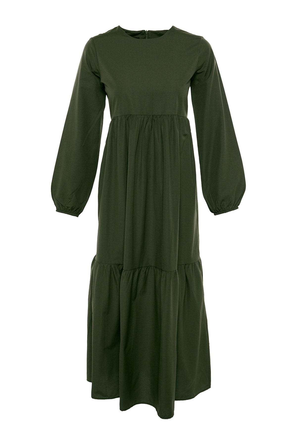 Khaki Ruffle Detailed Cotton Wide Pattern Woven Dress Tctss21el3406