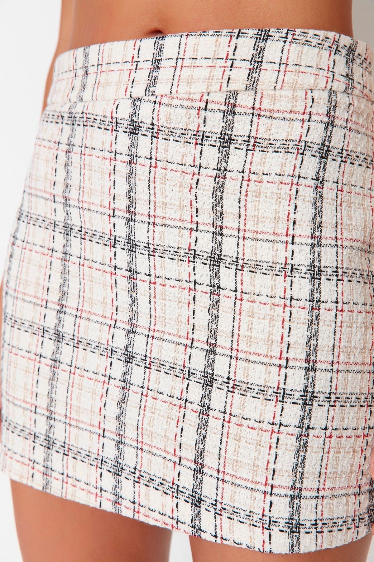 Ecru Plaid Pattern Tweed Fabric Mini Woven Skirt Twoaw23et00066