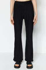 Black Pleated Flare/spanish Leg High Waist Knit Pants Twoss23pl00115