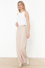 Beige Belted Iron Watch Wide Legging/wide Leg Woven Pants Twoss24pl00156