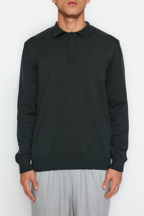 Men's Dark Green Regular Fit Polo Collar Limited Edition Basic Knitwear Sweater Tmnaw24kz00067