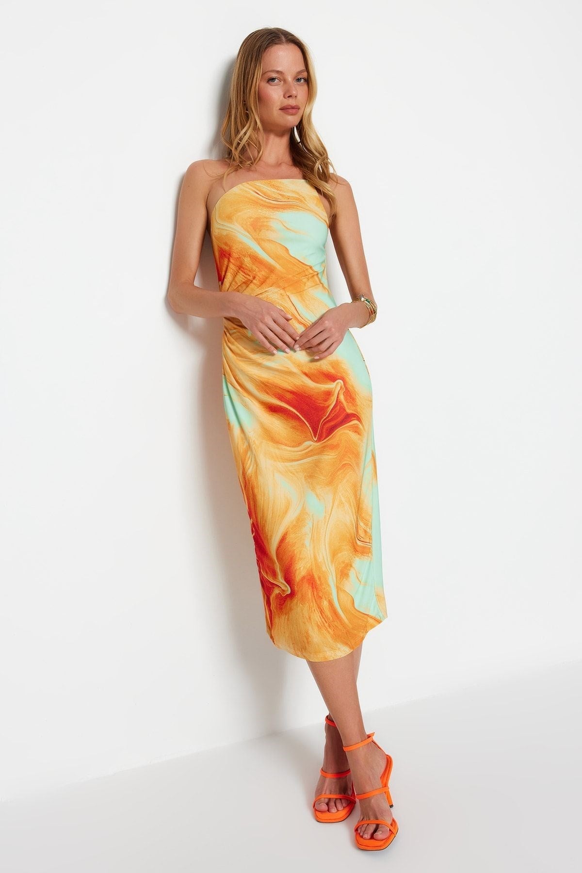 Orange Printed Body Fitting Midi One Shoulder Flexible Knit Pencil Dress Twoss23el01577