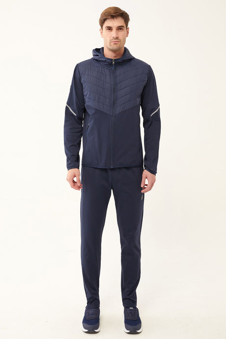 Men's Navy Blue Woven Detailed Thick Winter Pockets Zipper Hooded Bottom Tracksuit 1616 Tb23ml01w161