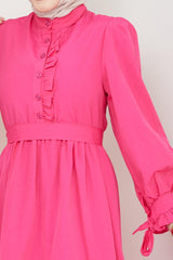 Front Ruffle Sleeve Tie Dress Fuchsia 2078