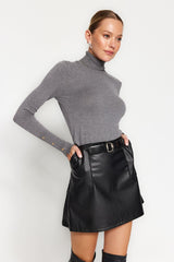 Black Belt Faux Leather Mini Length Woven Skirt Twoaw24et00333