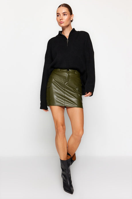 Khaki Faux Leather Cargo Pocket High Waist Body-fitting Mini Knitted Skirt Twoaw24et00148