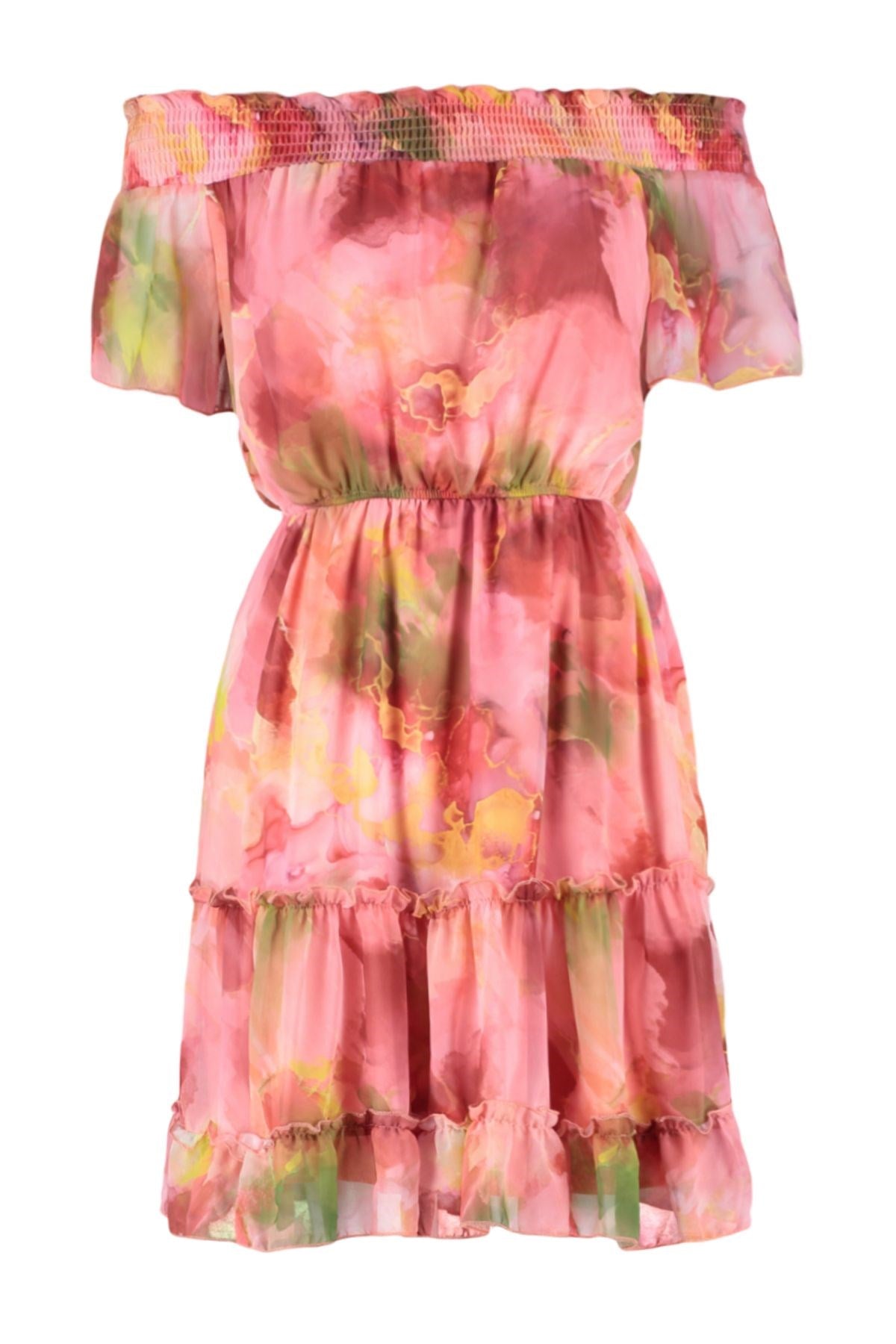 Pink Floral Print Skirt Waist-length Gipe Detailed Mini Woven Dress Twoss24el00746